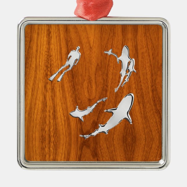 Chrome Style Diver with Sharks on Teak Veneer Metal Ornament (Front)