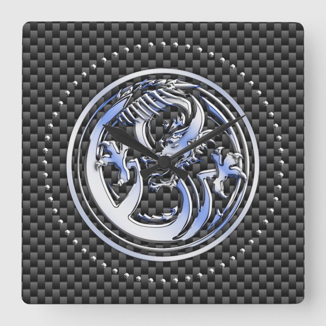 Chrome style Dragon badge on Carbon Fiber Print Square Wall Clock (Front)