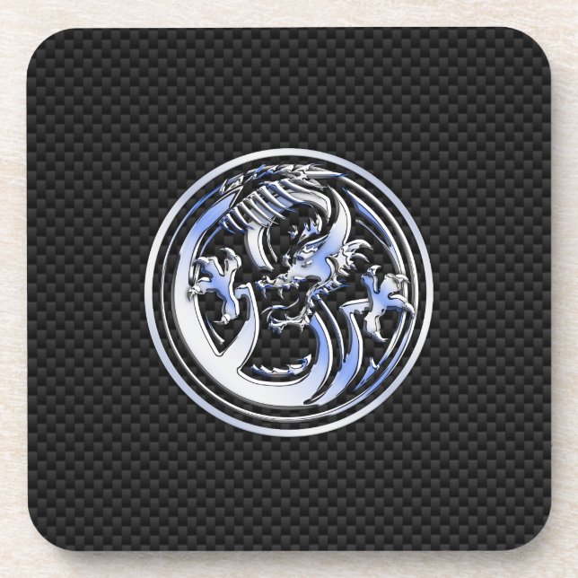 Chrome style Dragon badge on Carbon Fibre Print Coaster (Front)
