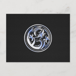 Chrome style Dragon badge on Carbon Fibre Print Postcard