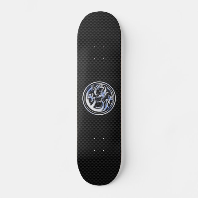 Chrome style Dragon badge on Carbon Fibre Print Skateboard (Front)