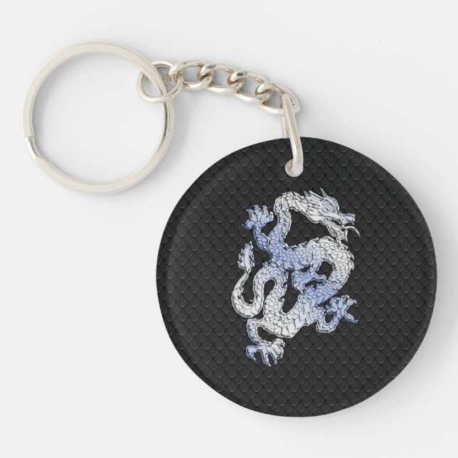 Chrome Style Dragon in Black Snake Skin Print Keychain (Front)