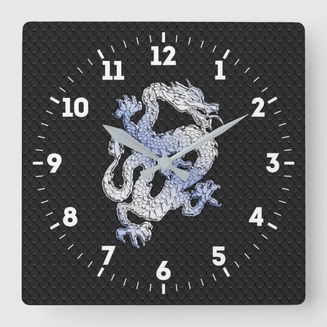 Chrome Style Dragon in Black Snake Skin Print on a Square Wall Clock (Front)