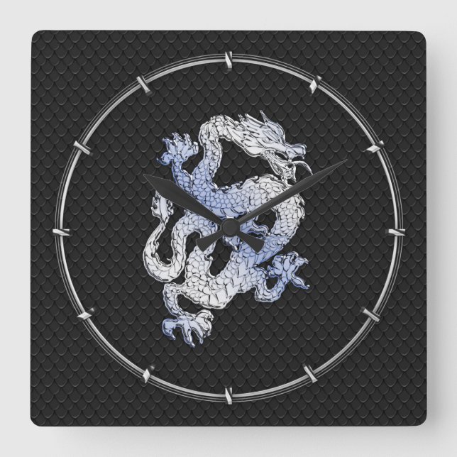 Chrome Style Dragon in Black Snake Skin Print Square Wall Clock (Front)