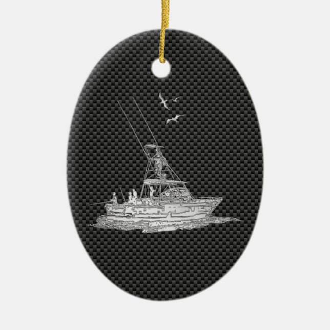 Chrome Style Fishing Boat on Carbon Fibre Ceramic Ornament (Front)