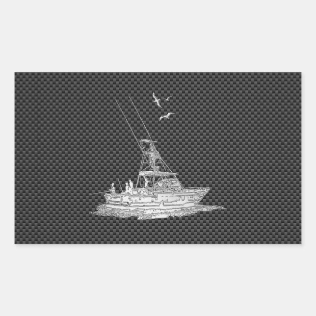 Chrome Style Fishing Boat on Carbon Fibre Sticker (Front)