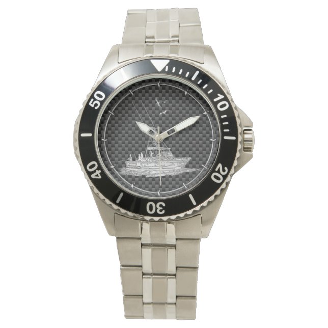 Chrome Style Fishing Boat on Carbon Fibre Watch (Front)