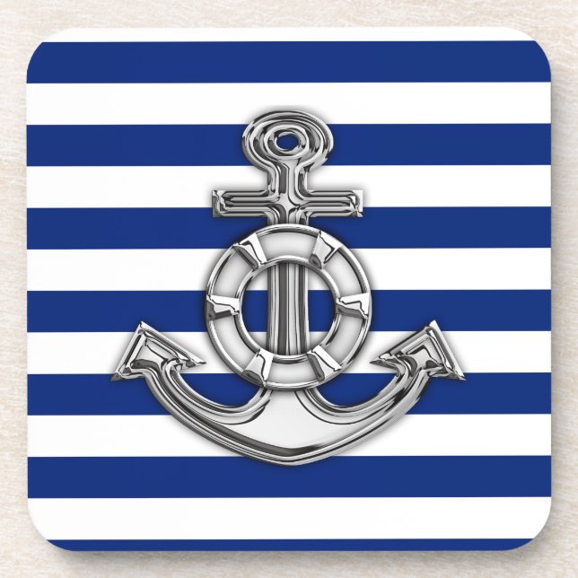 Chrome Style Lifesaver on Nautical Stripes Coaster (Front)