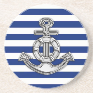 Chrome Style Lifesaver on Nautical Stripes Coaster