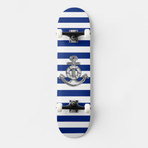 Chrome Style Lifesaver on Nautical Stripes Skateboard