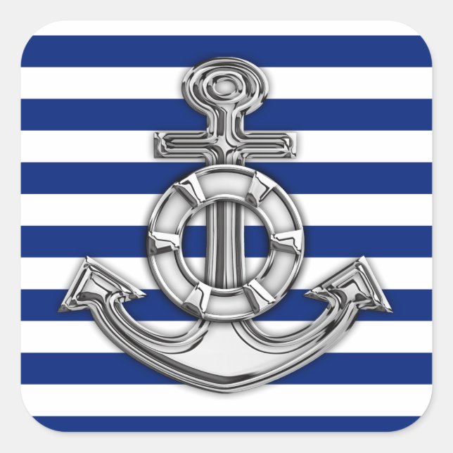 Chrome Style Lifesaver on Nautical Stripes Square Sticker (Front)