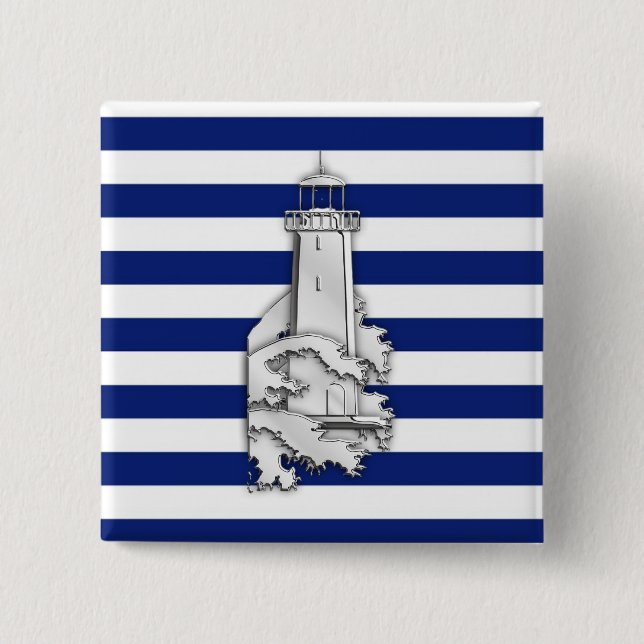 Chrome Style Lighthouse on Blue Nautical Stripes 2 Inch Square Button (Front)