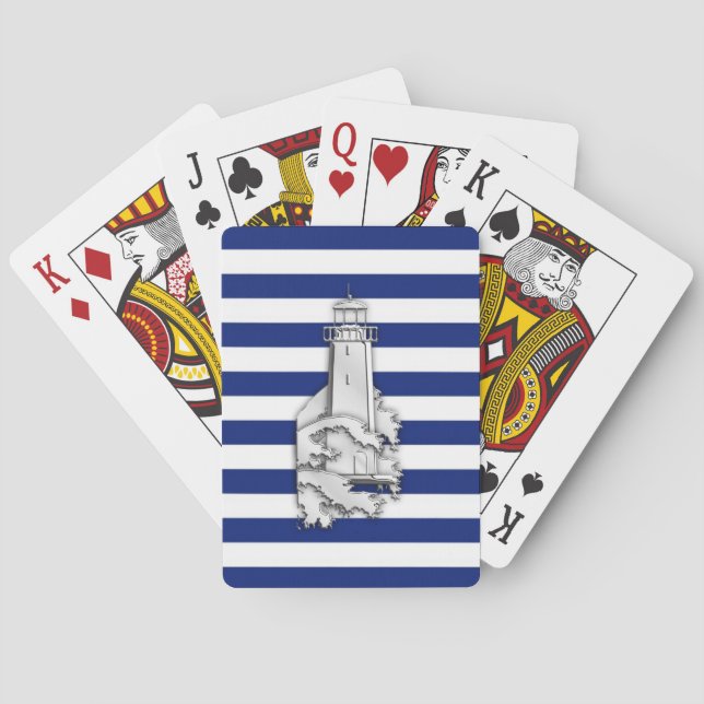 Chrome Style Lighthouse on Blue Nautical Stripes Playing Cards (Back)