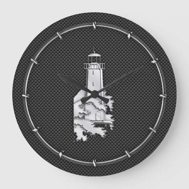 Chrome Style Lighthouse on Carbon Fiber Large Clock (Front)