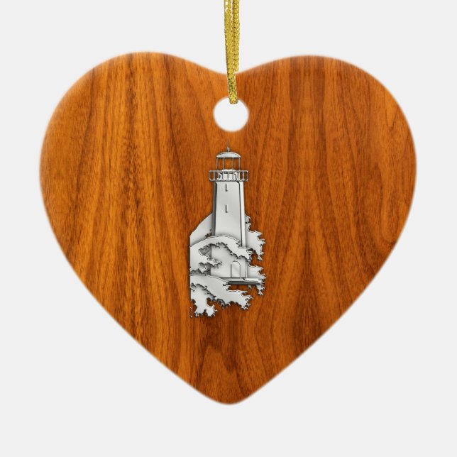 Chrome Style Lighthouse on Teak Wood Decor Ceramic Ornament (Front)