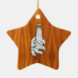 Chrome Style Lighthouse on Teak Wood Decor Ceramic Ornament