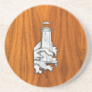 Chrome Style Lighthouse on Teak Wood Decor Coaster