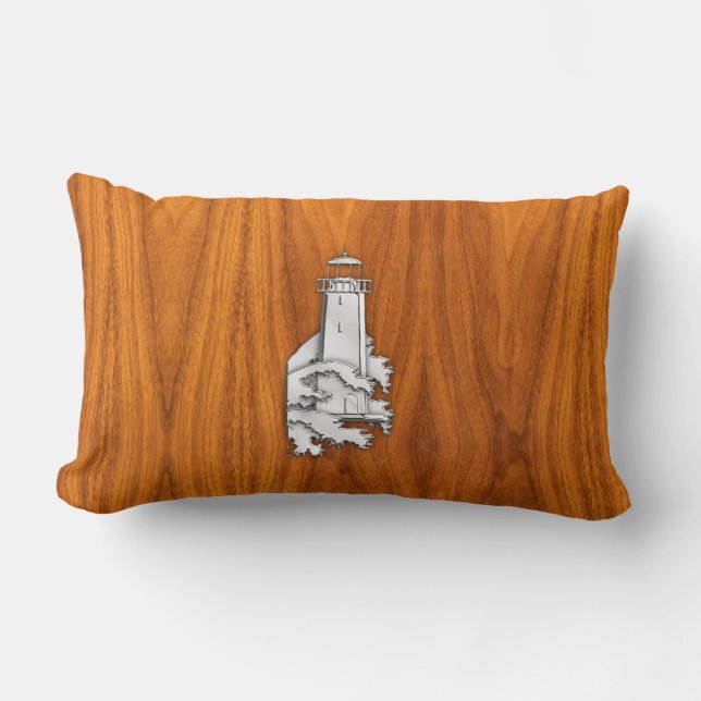 Chrome Style Lighthouse on Teak Wood Decor Lumbar Pillow (Front)
