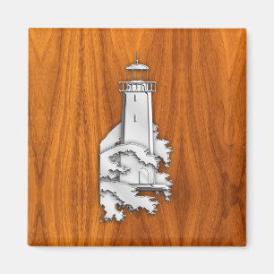 Chrome Style Lighthouse on Teak Wood Decor Magnet