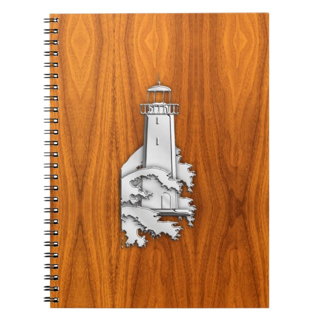 Chrome Style Lighthouse on Teak Wood Decor Notebook (Front)