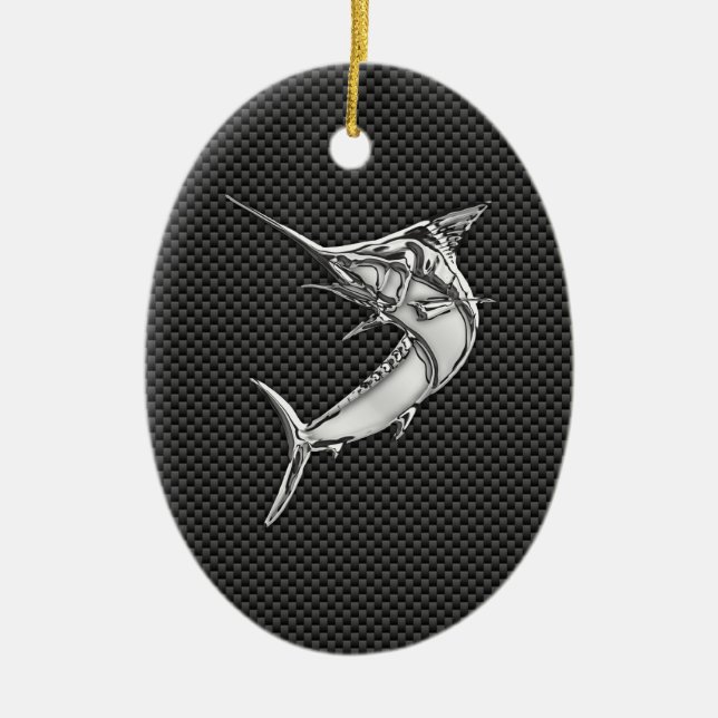 Chrome Style Marlin on Carbon Fibre Ceramic Ornament (Front)
