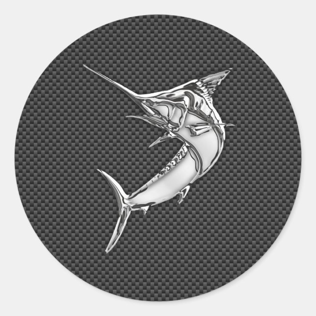 Chrome Style Marlin on Carbon Fibre Classic Round Sticker (Front)