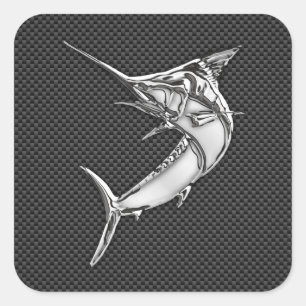 Chrome Style Marlin on Carbon Fibre Square Sticker