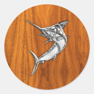Chrome Style Marlin on Teak Wood Decor Classic Round Sticker