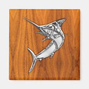 Chrome Style Marlin on Teak Wood Decor Magnet