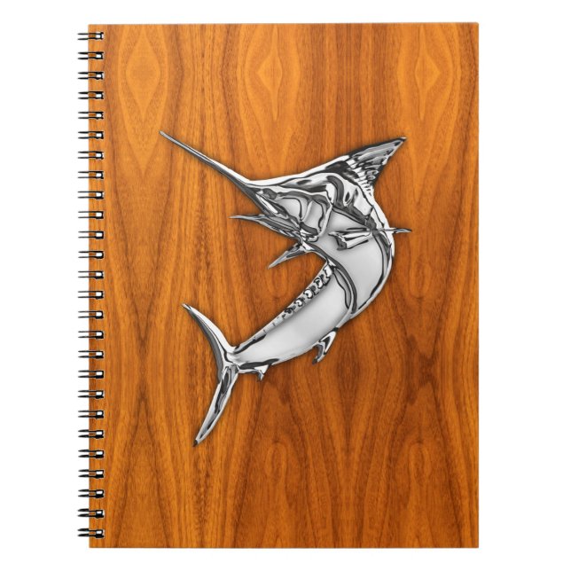 Chrome Style Marlin on Teak Wood Decor Notebook (Front)