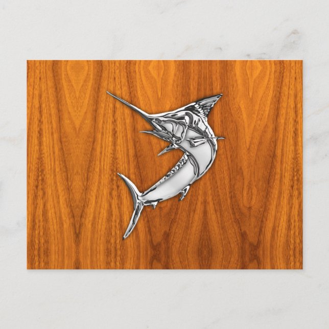 Chrome Style Marlin on Teak Wood Decor Postcard (Front)