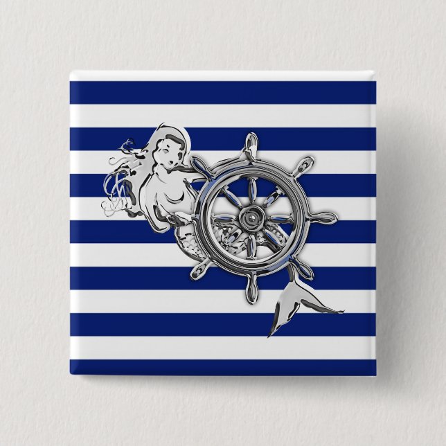 Chrome Style Mermaid on Nautical Stripes 2 Inch Square Button (Front)