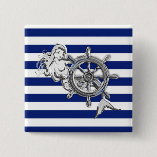 Chrome Style Mermaid on Nautical Stripes 2 Inch Square Button
