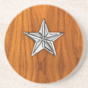 Chrome Style Nautical Star on Teak Veneer Coaster