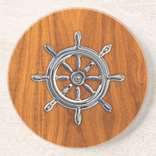 Chrome Style Nautical Wheel on Teak Veneer Coaster