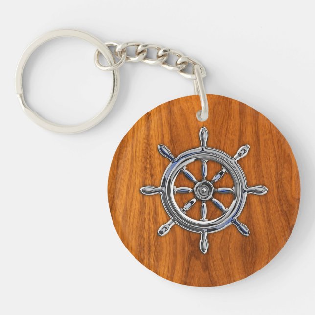 Chrome Style Nautical Wheel on Teak Veneer Keychain (Front)