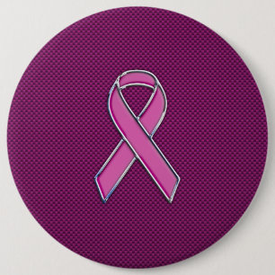 Chrome Style Pink Ribbon Awareness Carbon Fibre 6 Inch Round Button