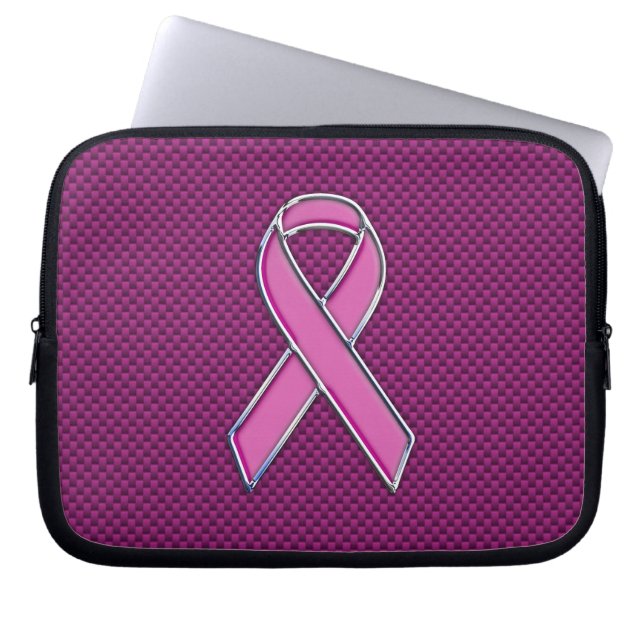 Chrome Style Pink Ribbon Awareness Carbon Fibre Laptop Sleeve (Front)