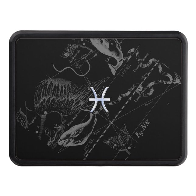 Chrome Style Pisces Zodiac Sign on Hevelius Trailer Hitch Cover (Front)