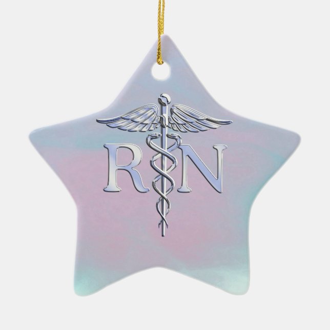 Chrome Style RN Caduceus Medical Mother Pearl Look Ceramic Ornament (Front)