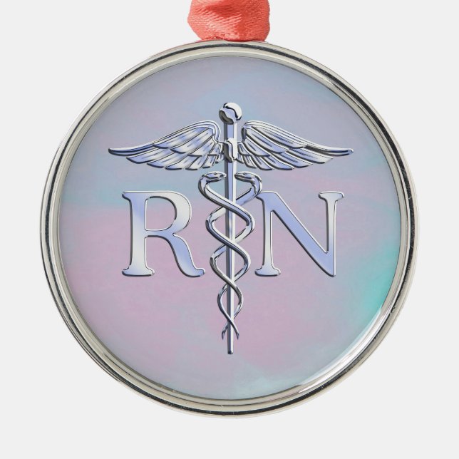 Chrome Style RN Caduceus Medical Mother Pearl Look Metal Ornament (Front)