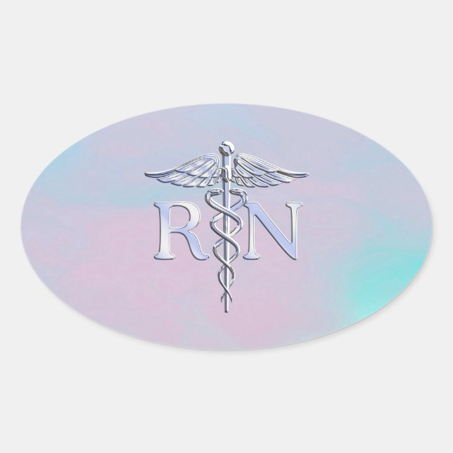 Chrome Style RN Caduceus Medical Mother Pearl Look Oval Sticker (Front)