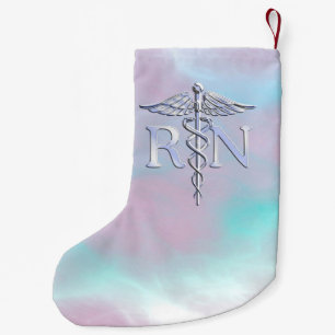 Chrome Style RN Caduceus Medical Mother Pearl Look Small Christmas Stocking