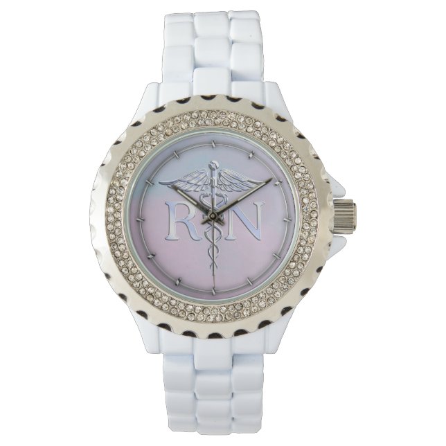 Chrome Style RN Caduceus Medical Mother Pearl Look Watch (Front)