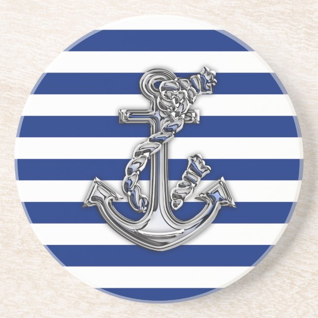 Chrome Style Rope Anchor on Nautical Stripes Coaster (Front)
