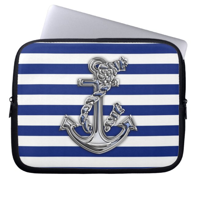 Chrome Style Rope Anchor on Navy Stripes Laptop Sleeve (Front)
