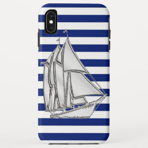 Chrome Style Sailboat on Nautical Stripes iPhone XS Max Case