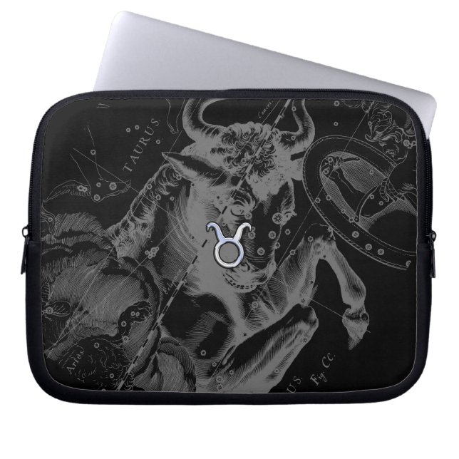Chrome Style Taurus Zodiac Sign on Hevelius Black Laptop Sleeve (Front)