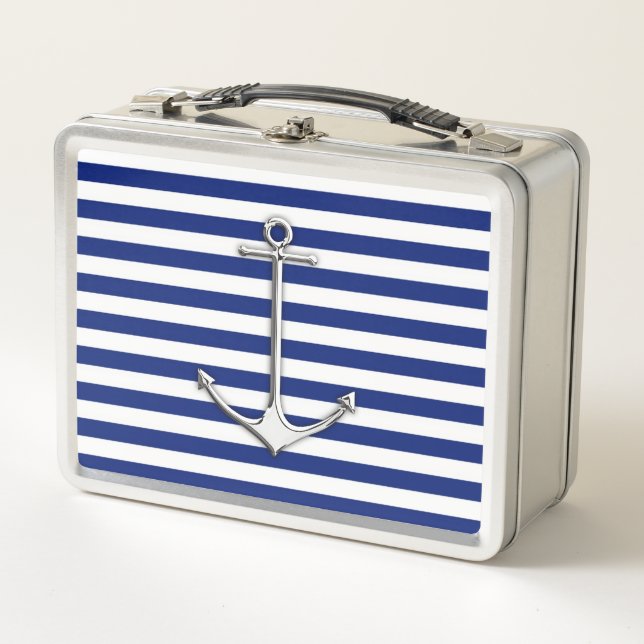 Chrome Style Thin Anchor on Navy Stripes Metal Lunch Box (Front)