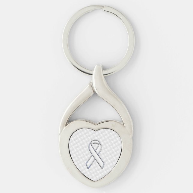 Chrome Style White Ribbon Awareness Houndstooth Keychain (Front)